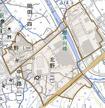 北野とその周辺の地図。町の範囲を重ねている