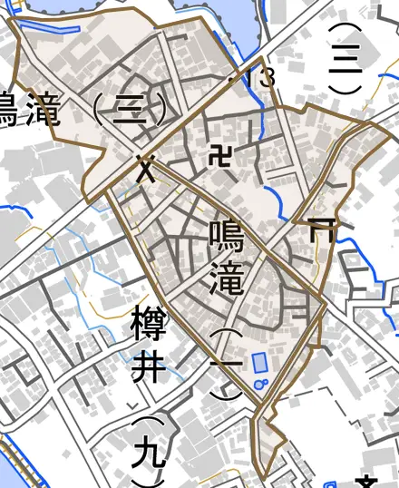 鳴滝とその周辺の地図。町の範囲を重ねている