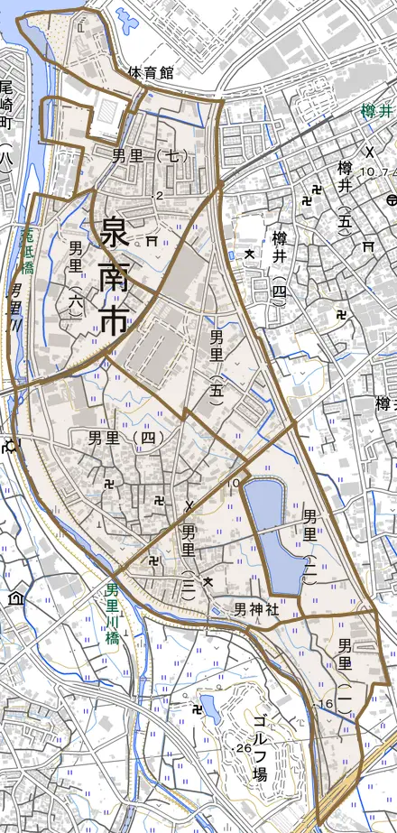 男里とその周辺の地図。町の範囲を重ねている