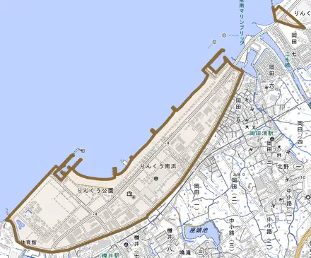 りんくう南浜とその周辺の地図。町の範囲を重ねている