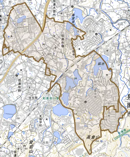 信達市場とその周辺の地図。町の範囲を重ねている