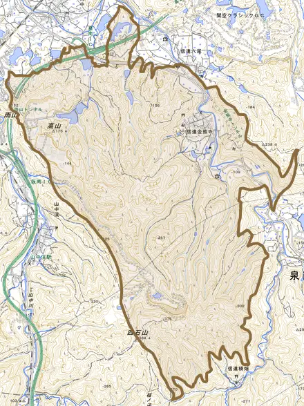 信達金熊寺とその周辺の地図。町の範囲を重ねている