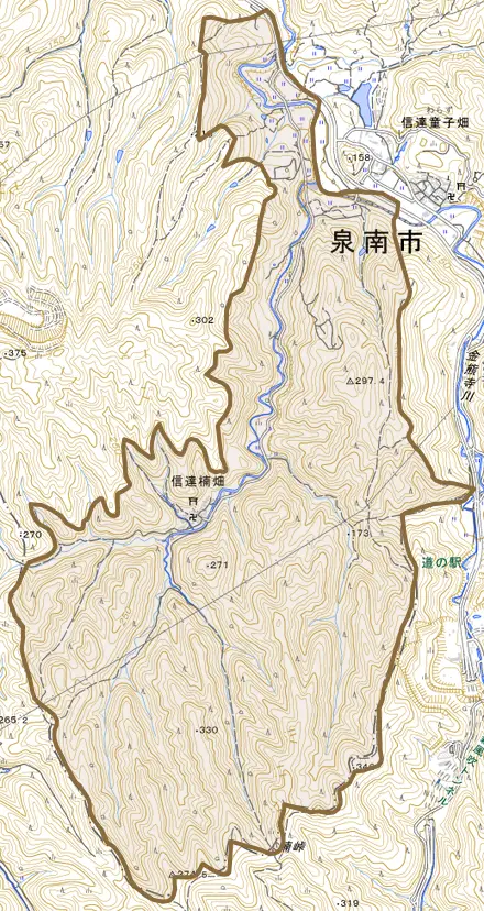 信達楠畑とその周辺の地図。町の範囲を重ねている