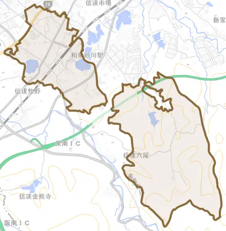 信達牧野とその周辺の地図。町の範囲を重ねている