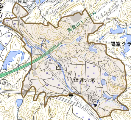 信達六尾とその周辺の地図。町の範囲を重ねている