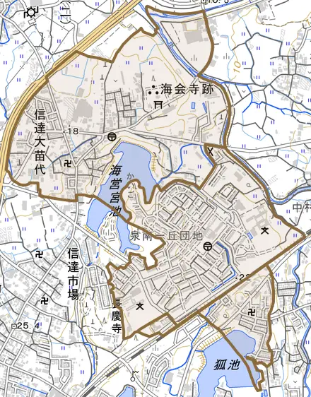 信達大苗代とその周辺の地図。町の範囲を重ねている