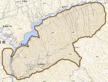 信達葛畑とその周辺の地図。町の範囲を重ねている