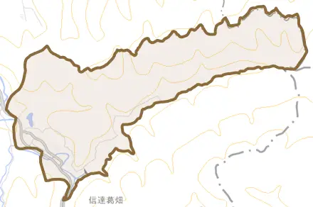 信達童子畑とその周辺の地図。町の範囲を重ねている