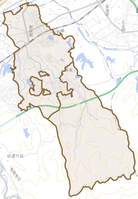 新家とその周辺の地図。町の範囲を重ねている