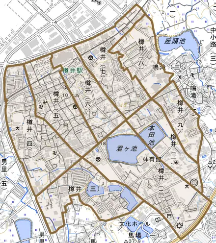 樽井とその周辺の地図。町の範囲を重ねている