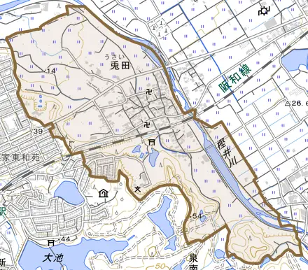 兎田とその周辺の地図。町の範囲を重ねている