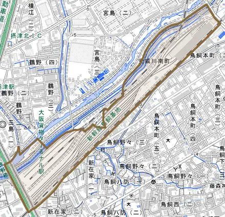 安威川南町とその周辺の地図。町の範囲を重ねている