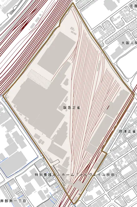 阪急正雀とその周辺の地図。町の範囲を重ねている