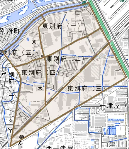 東別府とその周辺の地図。町の範囲を重ねている