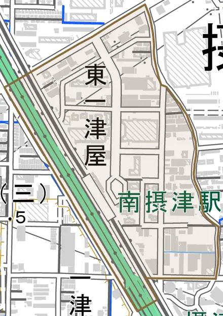 東一津屋とその周辺の地図。町の範囲を重ねている