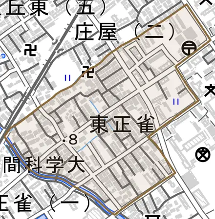 東正雀とその周辺の地図。町の範囲を重ねている