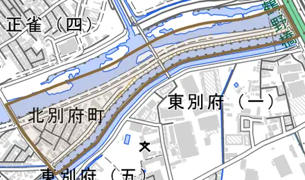 北別府町とその周辺の地図。町の範囲を重ねている