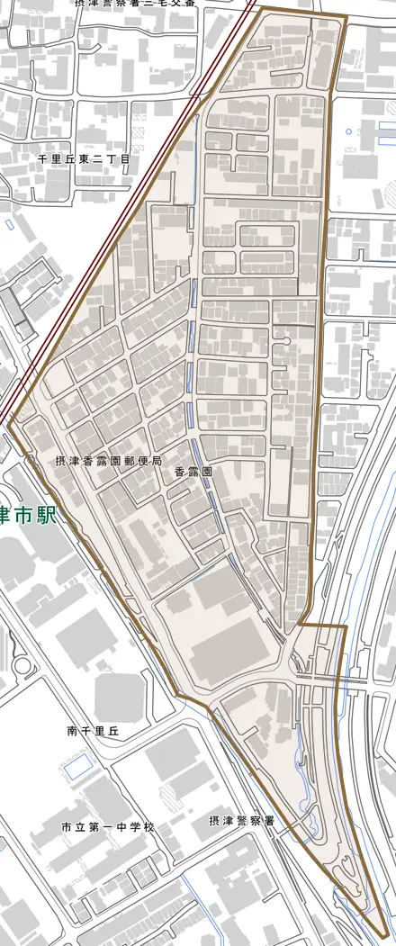 香露園とその周辺の地図。町の範囲を重ねている