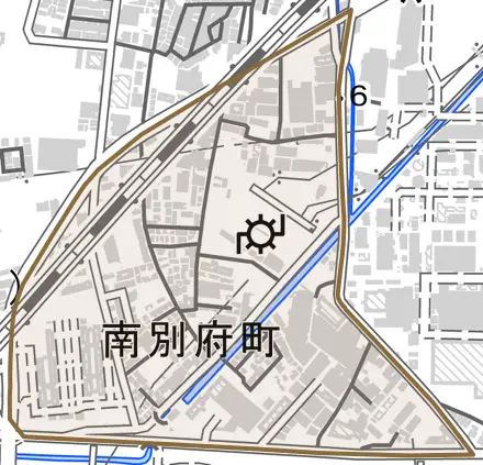 南別府町とその周辺の地図。町の範囲を重ねている