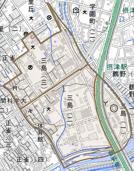 三島とその周辺の地図。町の範囲を重ねている