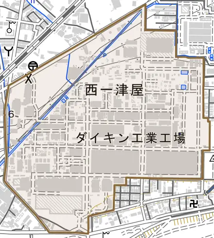 西一津屋とその周辺の地図。町の範囲を重ねている