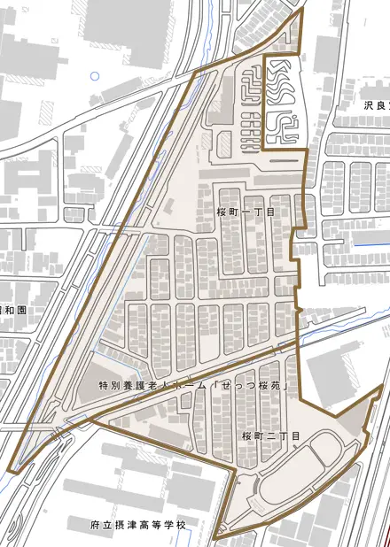 桜町とその周辺の地図。町の範囲を重ねている