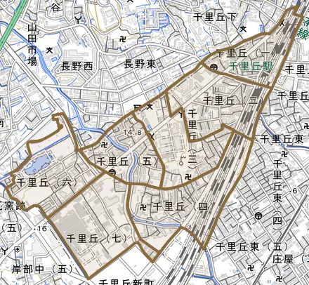 千里丘とその周辺の地図。町の範囲を重ねている
