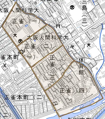 正雀とその周辺の地図。町の範囲を重ねている