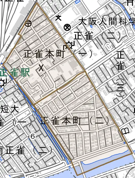正雀本町とその周辺の地図。町の範囲を重ねている