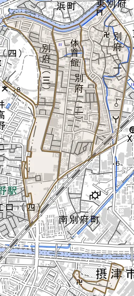 別府とその周辺の地図。町の範囲を重ねている