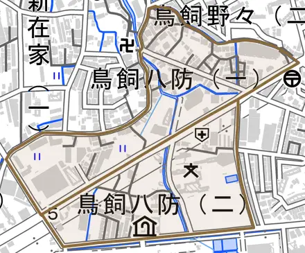 鳥飼八防とその周辺の地図。町の範囲を重ねている