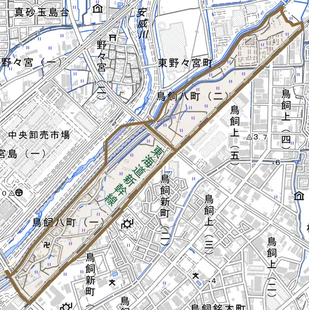 鳥飼八町とその周辺の地図。町の範囲を重ねている