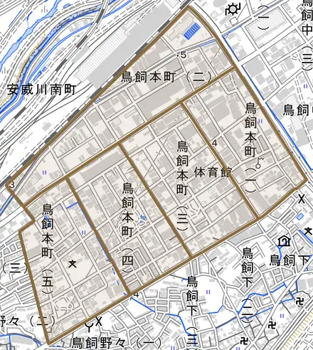 鳥飼本町とその周辺の地図。町の範囲を重ねている