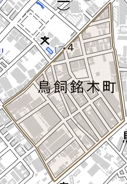鳥飼銘木町とその周辺の地図。町の範囲を重ねている