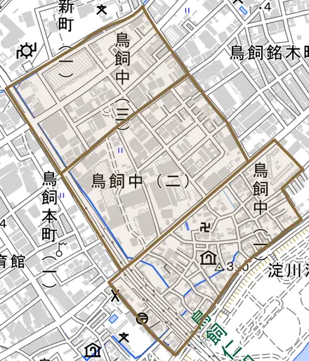 鳥飼中とその周辺の地図。町の範囲を重ねている