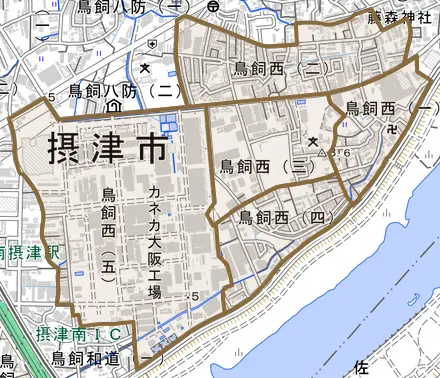 鳥飼西とその周辺の地図。町の範囲を重ねている