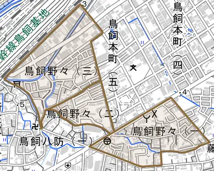 鳥飼野々とその周辺の地図。町の範囲を重ねている