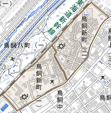 鳥飼新町とその周辺の地図。町の範囲を重ねている