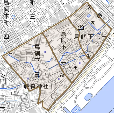 鳥飼下とその周辺の地図。町の範囲を重ねている