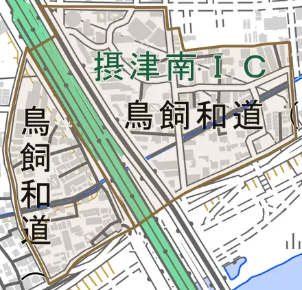 鳥飼和道とその周辺の地図。町の範囲を重ねている
