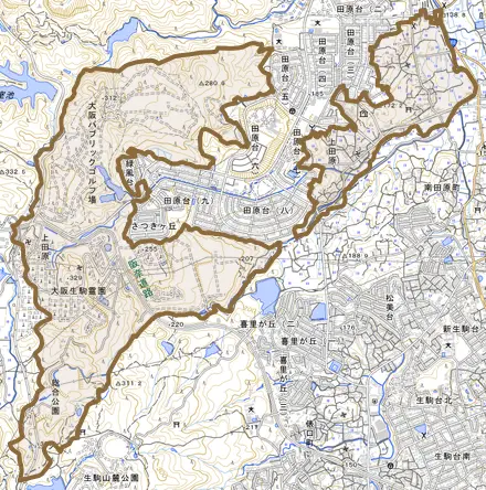 大字上田原とその周辺の地図。町の範囲を重ねている