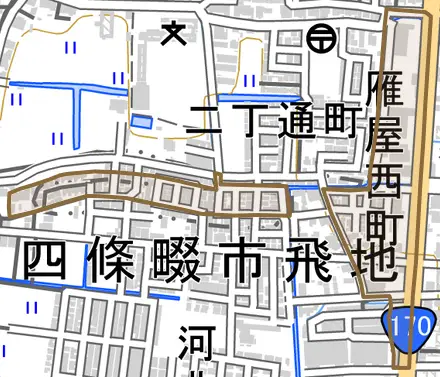 雁屋西町とその周辺の地図。町の範囲を重ねている