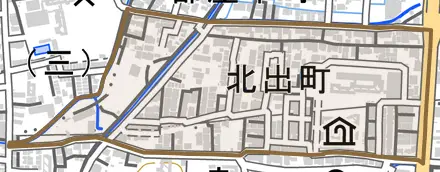 北出町とその周辺の地図。町の範囲を重ねている