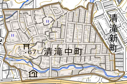 清滝中町とその周辺の地図。町の範囲を重ねている