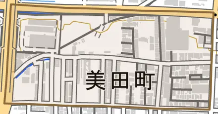 美田町とその周辺の地図。町の範囲を重ねている