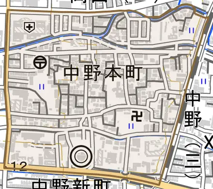 中野本町とその周辺の地図。町の範囲を重ねている