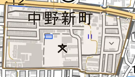 中野新町とその周辺の地図。町の範囲を重ねている