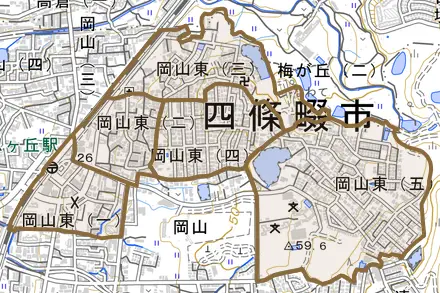 岡山東とその周辺の地図。町の範囲を重ねている