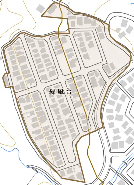緑風台とその周辺の地図。町の範囲を重ねている