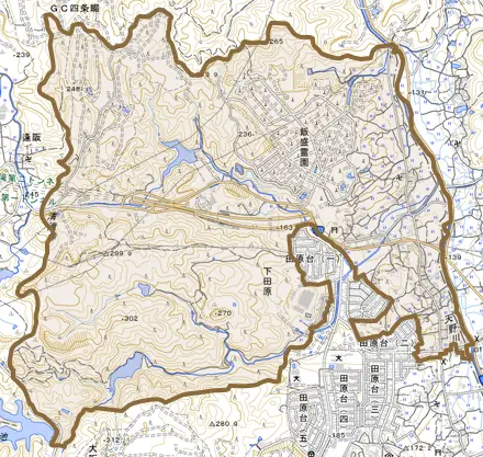 大字下田原とその周辺の地図。町の範囲を重ねている